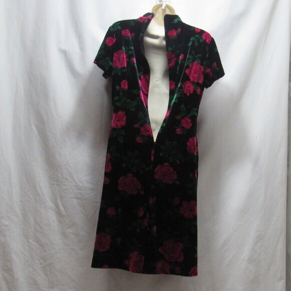 Maggy London Floral Rose Printed Velvet Midi Thai Asian Japanese A Line Dress - Picture 3 of 6